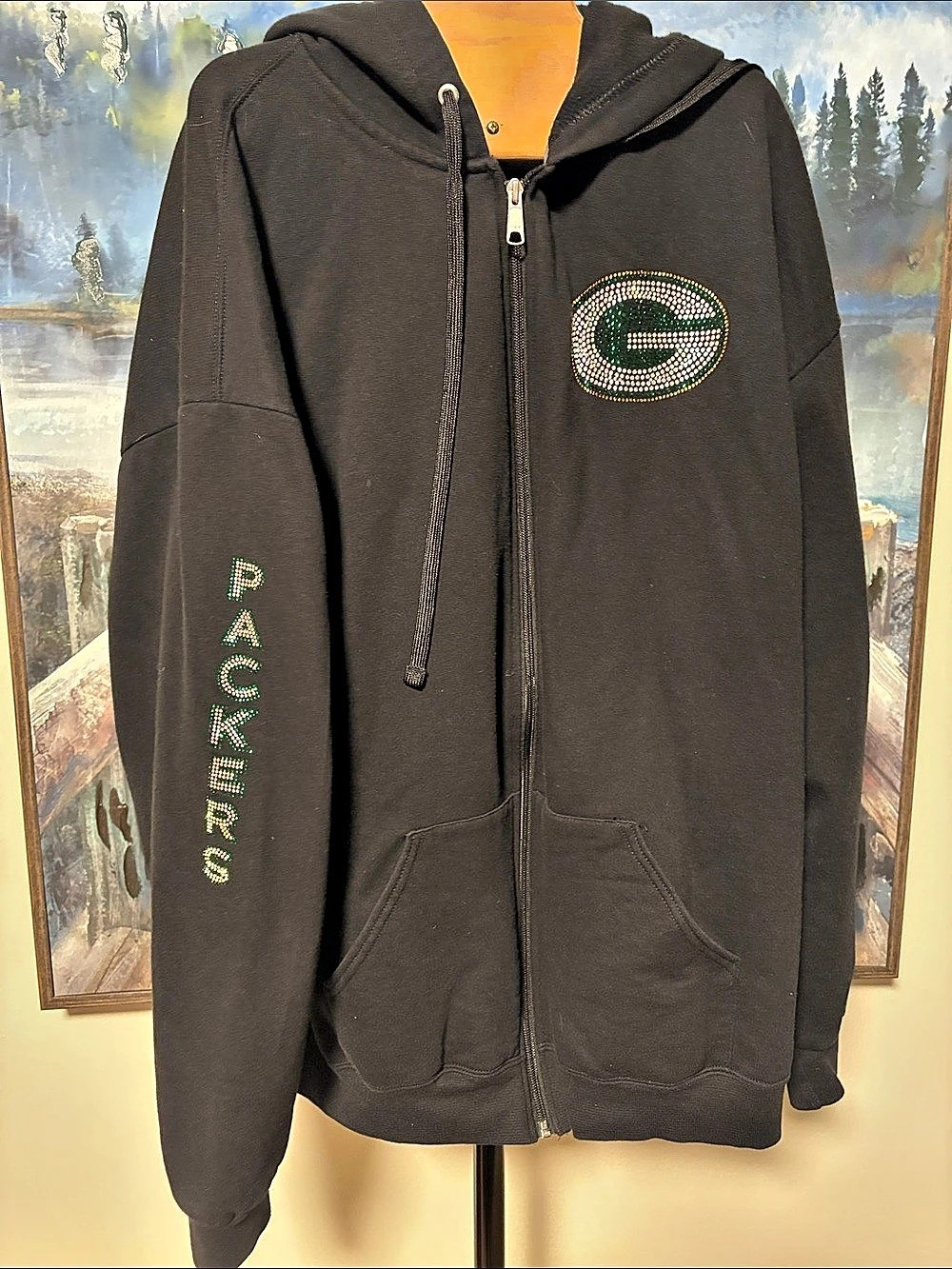 Green Bay Packers Rhinestone Logo Hoodie Black 2XL